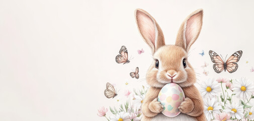 Obraz premium Lovely watercolor portrait of bunny holding Easter egg, surrounded by flowers and butterflies, evoking cheerful spring atmosphere