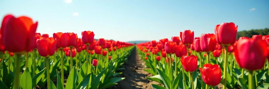 rows of beautiful red tulips growing in a lush green field with a clear blue sky above on a sunny day, flower row, nature - Powered by Adobe