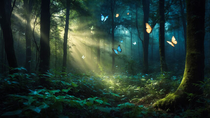 Breathtaking panoramic view of a mystical forest with vibrant trees and flying butterflies