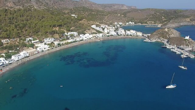 Aerial view of Kapsali village in Kythira. Aerial panoramic view of the seaside village named Kapsali in Kythira island, Greece