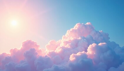 Soft puffy blue clouds with pink undertones against a bright sunny sky, soft clouds, gentle haze, warm light