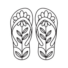 Doodle flip flop shoes in outline with flower pattern. Pair of slippers coloring page. Hand drawn shoes logo. Vector illustration