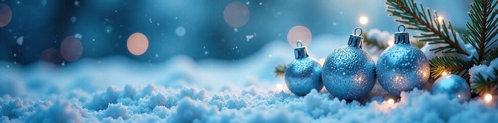 Sparkling Silver and Blue Ornaments in Frosty Scene, shiny trinkets, sparkling silver ornaments