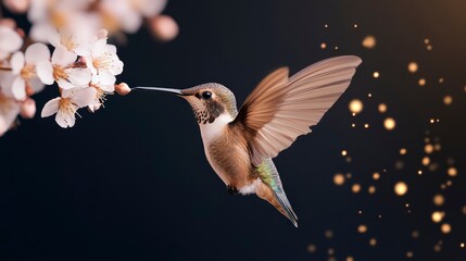 Naklejka premium Hummingbird Feeding on Cherry Blossoms with Soft Background Glow