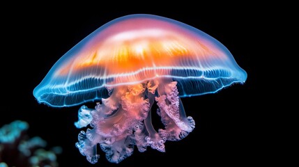 Obraz premium Stunning Glow of Jellyfish in Vibrant Colors Against Black Background