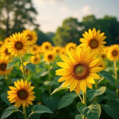 Obraz premium Sunflowers blooming in a lush field of orange flowers, flowers, bloom, sunflowers