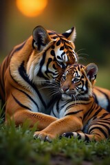 Obraz premium Tigress and cub snuggling up together at dusk, snuggle, golden hour, soft light