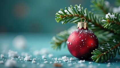 Tiny glass ornament shaped like a Christmas ball nestled in the crook of a thin evergreen branch, frosty, dainty