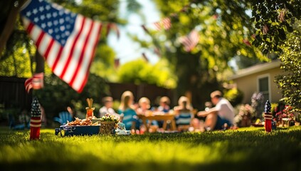 Patriotic Summer Picnic:  Friends Gather Outdoors Enjoying Festive Food and Fun with Decorations