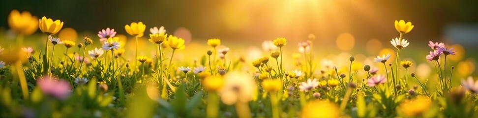 Fototapeta premium Warm sunlight illuminates a carpet of fresh spring wildflowers, sun-drenched flowers, golden light, sunny day