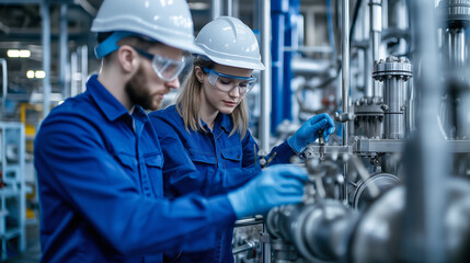 Two industrial workers in blue overalls inspecting machinery.
