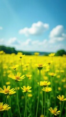 A meadow of yellow rapeseed swaying gently in the breeze, green grass, wind