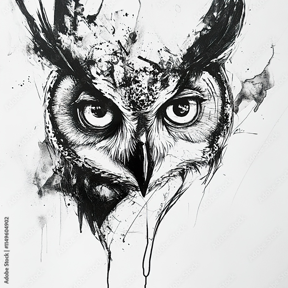 Wall mural Majestic Owl: Black and White Ink Drawing