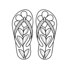 Doodle flip flop shoes in outline with flower pattern. Pair of slippers coloring page. Hand drawn shoes logo. Vector illustration
