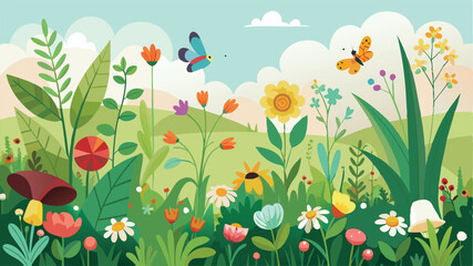  Border garden with wild flowers, herbs, and insects, Easter spring summer meadow background, nature, floral, environment