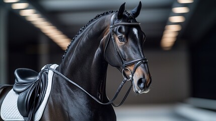 Obraz premium Majestic black horse in indoor arena with elegant saddle and bridle