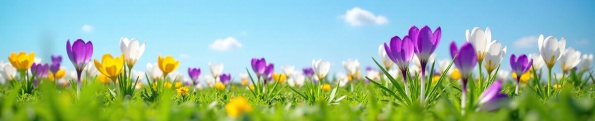 Crocus flowers blooming in a green meadow under clear blue sky, field, flowers, spring