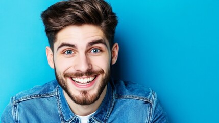 Fototapeta premium Young man smiles brightly against a colorful blue background while wearing a denim jacket