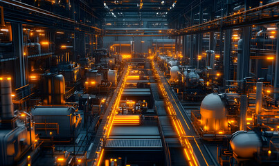 Fototapeta premium A futuristic industrial facility with glowing elements and complex machinery.