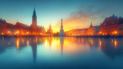 Obraz premium Sunset reflection on city square with historical buildings and statue.