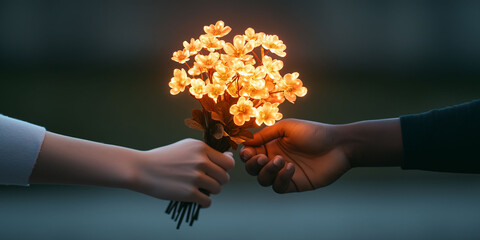 Emotional value gratitude expression awareness reflection vulnerability. Hands exchanging a glowing bouquet of flowers in a soft-focus background.