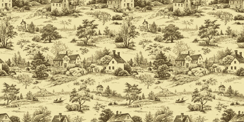 Fototapeta premium Vintage countryside scene in sepia tones featuring idyllic homes and lush trees.