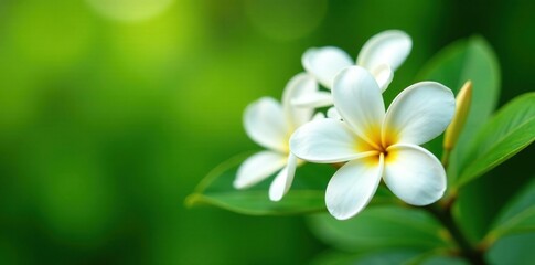 Delicate petals in soft focus, white plumeria flowers against a lush green garden background, flower, peaceful, white