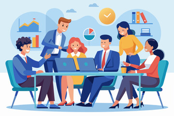 A corporate team and manager working together in a meeting. 