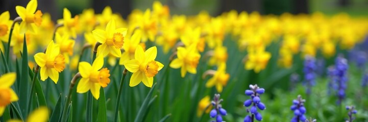Obraz premium Field of bright yellow daffodils and bluebells, daffodils, field, bluebells