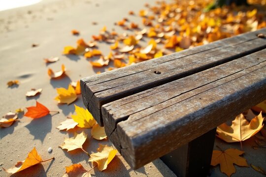 Fragment of a wooden bench against a sandy beach with scattered autumn leaves, weathered wood, semi-circular, seashore