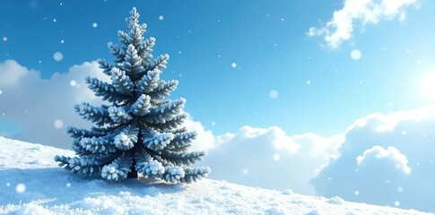 Obraz premium Frosty Fir against a blue sky with scattered white clouds, frozen landscape, snowflakes, coniferous tree