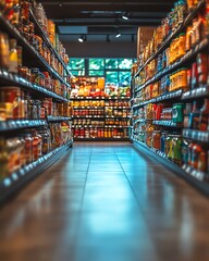 Supermarket shelves lined with canned goods, snacks, and beverages, with a blurred aisle background, creating a cozy shopping scene