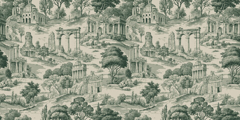 Obraz premium A vintage-style landscape wallpaper featuring classical ruins and lush greenery.