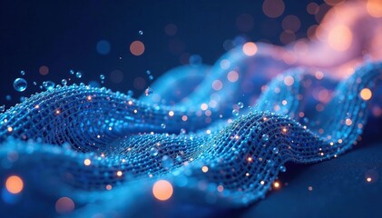 Luminous silver threads woven into a blue mesh pattern, iridescent, detailed