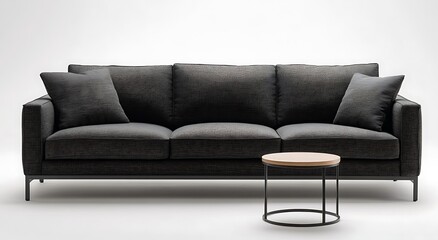 Modern dark gray fabric sofa with wooden side table on white background.