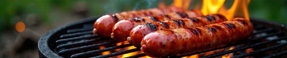 Ruddy sausages sizzling on a grill near a campfire, food, savory, nature