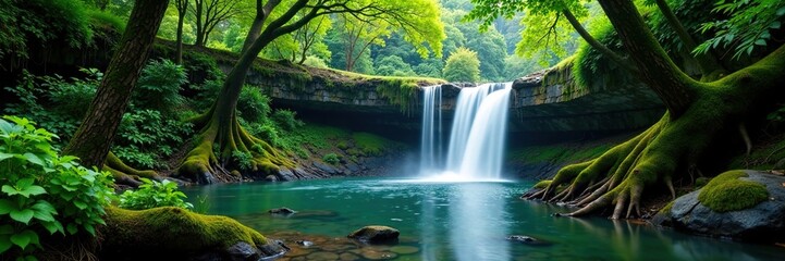 Secluded waterfalls amidst lush greenery and twisted tree trunks, solitude, foliage