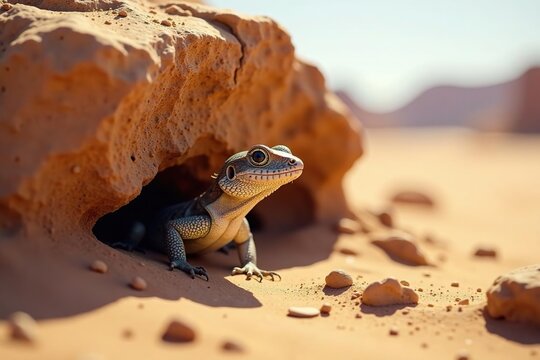 Saara agamid lizard hiding behind a rock in the desert landscape, wildlife, hide, desert