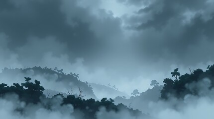 Fototapeta premium Misty mountain landscape: dark blue hills, fog, and clouds in a mysterious setting, ideal for fantasy or atmospheric backgrounds.