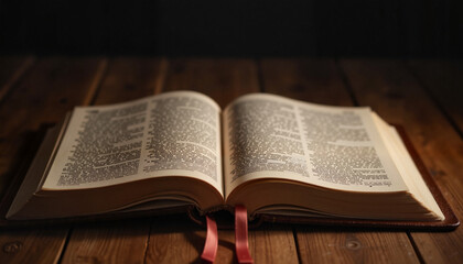 Obraz premium Open Bible with red ribbons resting on a wooden table in a dimly lit setting