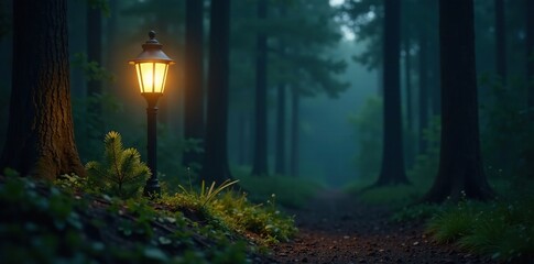 Softly glowing lamp post lights a dark forest floor with a lone fir branch and its delicate needles, natural, dark, woodsy