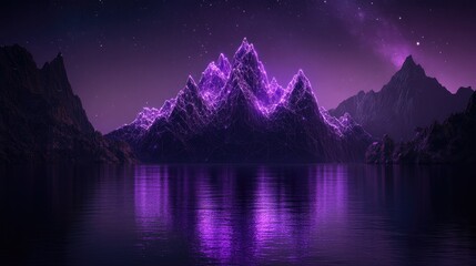 Neon wireframe mountains rise against a violet dreamscape, creating a futuristic, surreal 3D wallpaper.