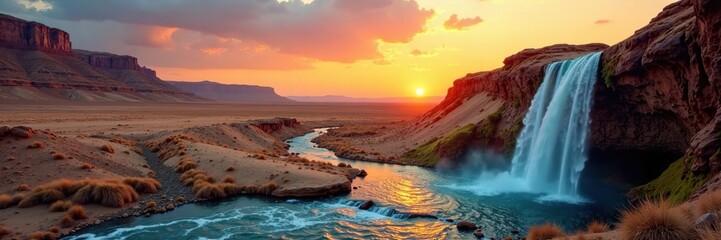 Fototapeta premium Waterfall in a desert landscape with blue-green hues and vibrant orange tones at sunset, landscape, sandy