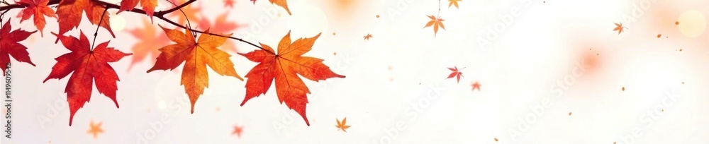 Wall mural isolated autumn red orange maple leaf on white with subtle gradient, autumn colors, foliage, branch