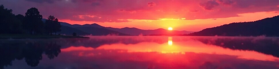 A serene lake at sunrise with a deep red sky and bokeh effect, peaceful, reflection