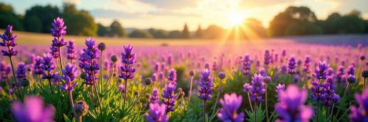 A sea of purple wildflowers stretching across the meadow, stretch, sunlit, purple flowers