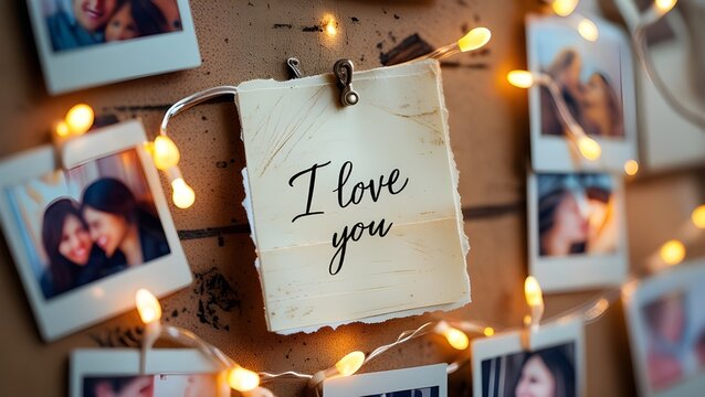 /imagine: A handwritten note saying "I Love You" pinned to a corkboard, surrounded by Polaroid pictures and fairy lights --ar 3:2 --v 4