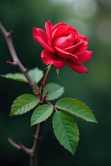 Obraz premium A sumie red rose blooms on a bare tree branch with vibrant green leaves and stems, lone flower, solitary rose
