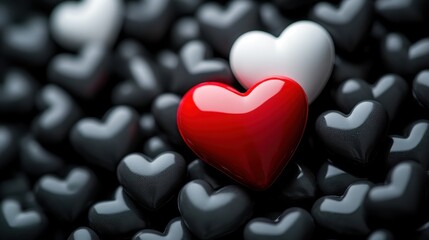 Fototapeta premium A Red Heart Among Many Black and White Hearts: A Symbol of Unique Love and Individuality