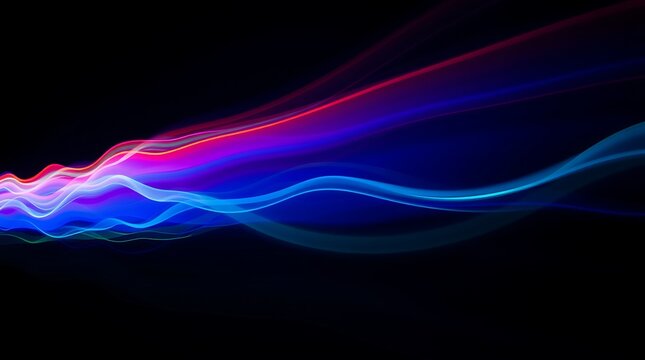 Abstract vibrant blue, pink, and red light trails flowing in waves on a black background, ideal for technology and music designs.